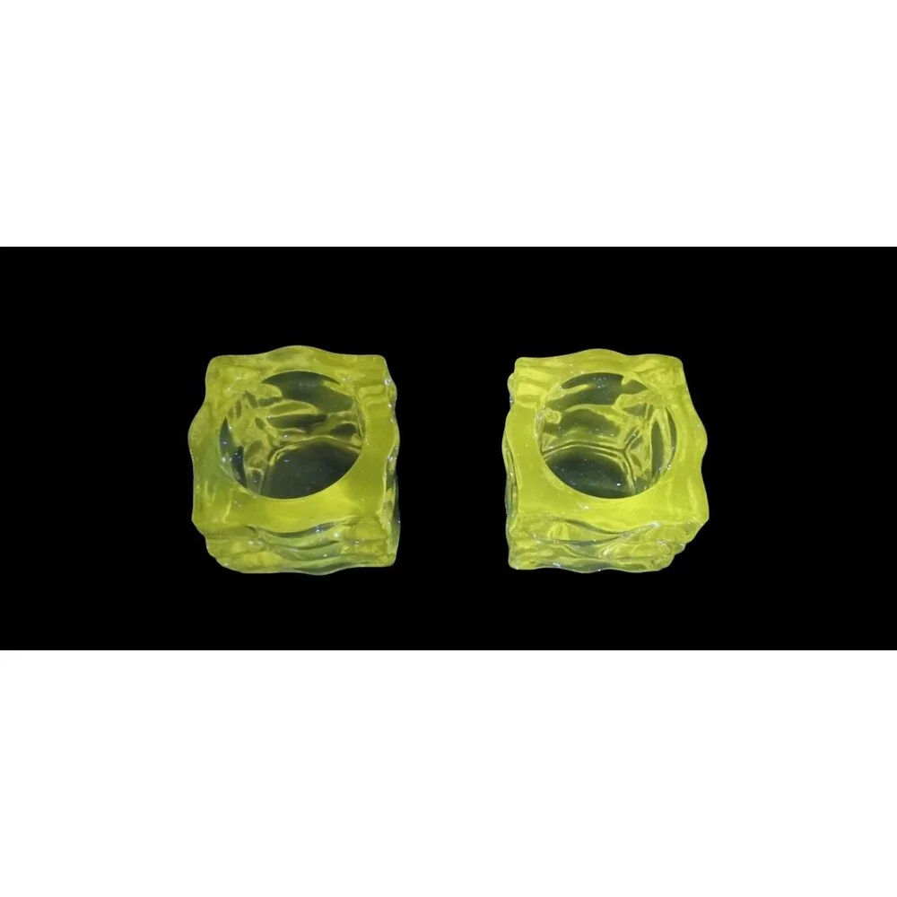 Set Of 2 Partylite GLACIER Square Ice Clear Glass Tealight Candle Holder UV Glow